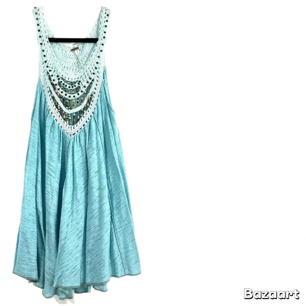 RARE Free People Crochet Beaded Neck Swing Tunic‎ Tank Top Blouse Aqua Blue XS